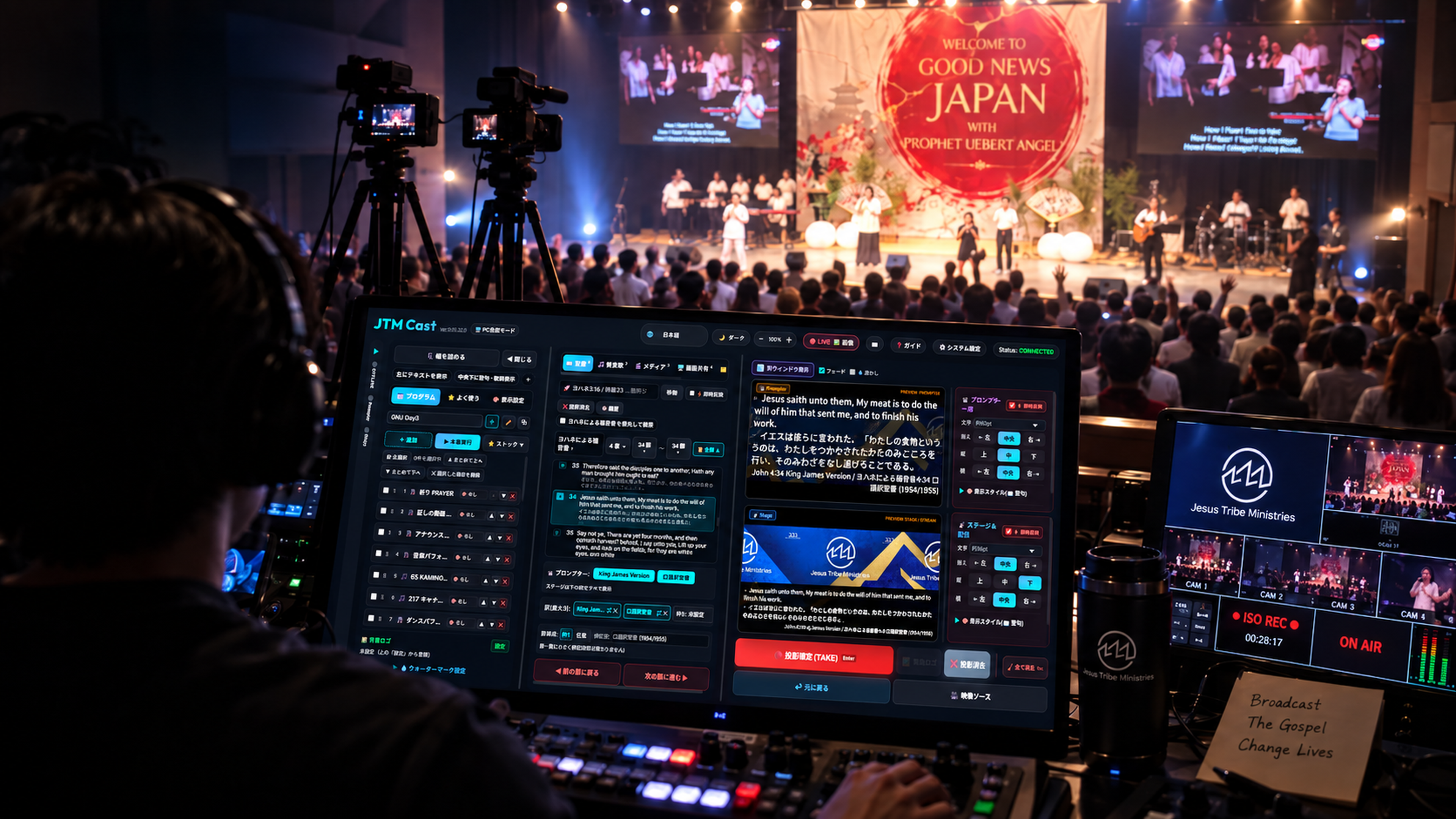 JTM Cast at a worship gathering, with the operator console, cameras and stage screens